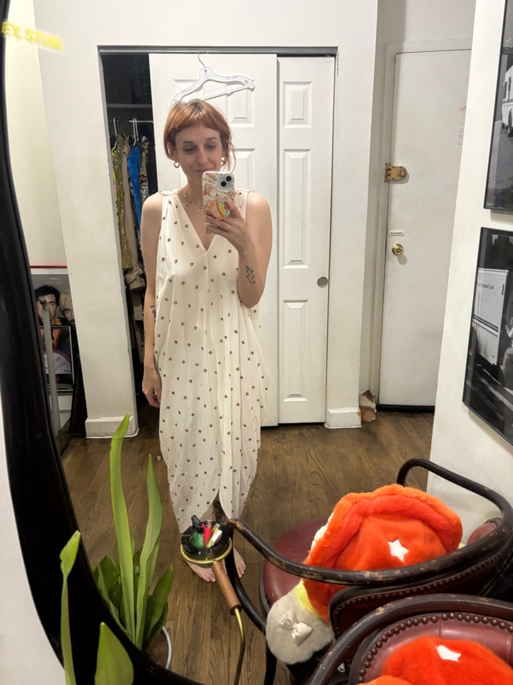 Hatch Cream Polka Dot V-Neck High-Low Dress